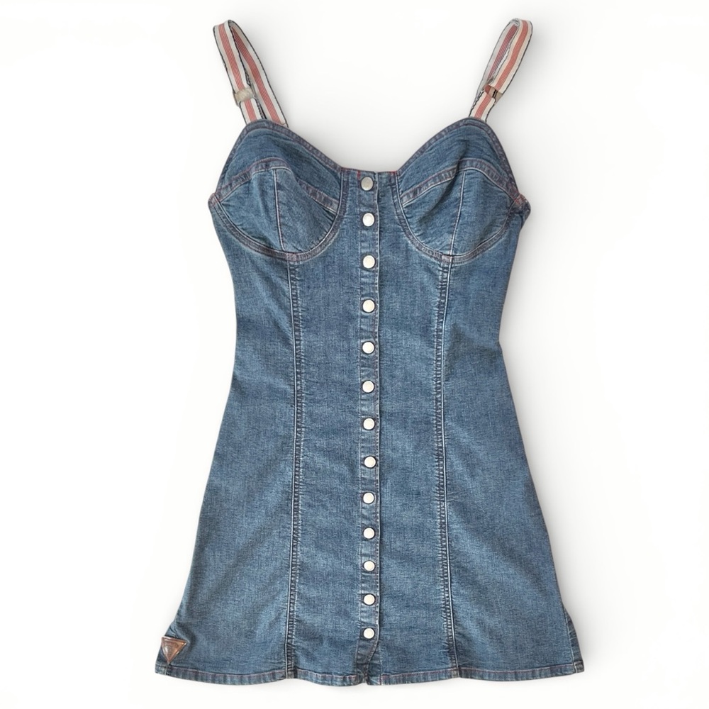 Vintage Fiorucci 90s Blue Corset Stretch Denim Snap Front A Line Mini Dress 4